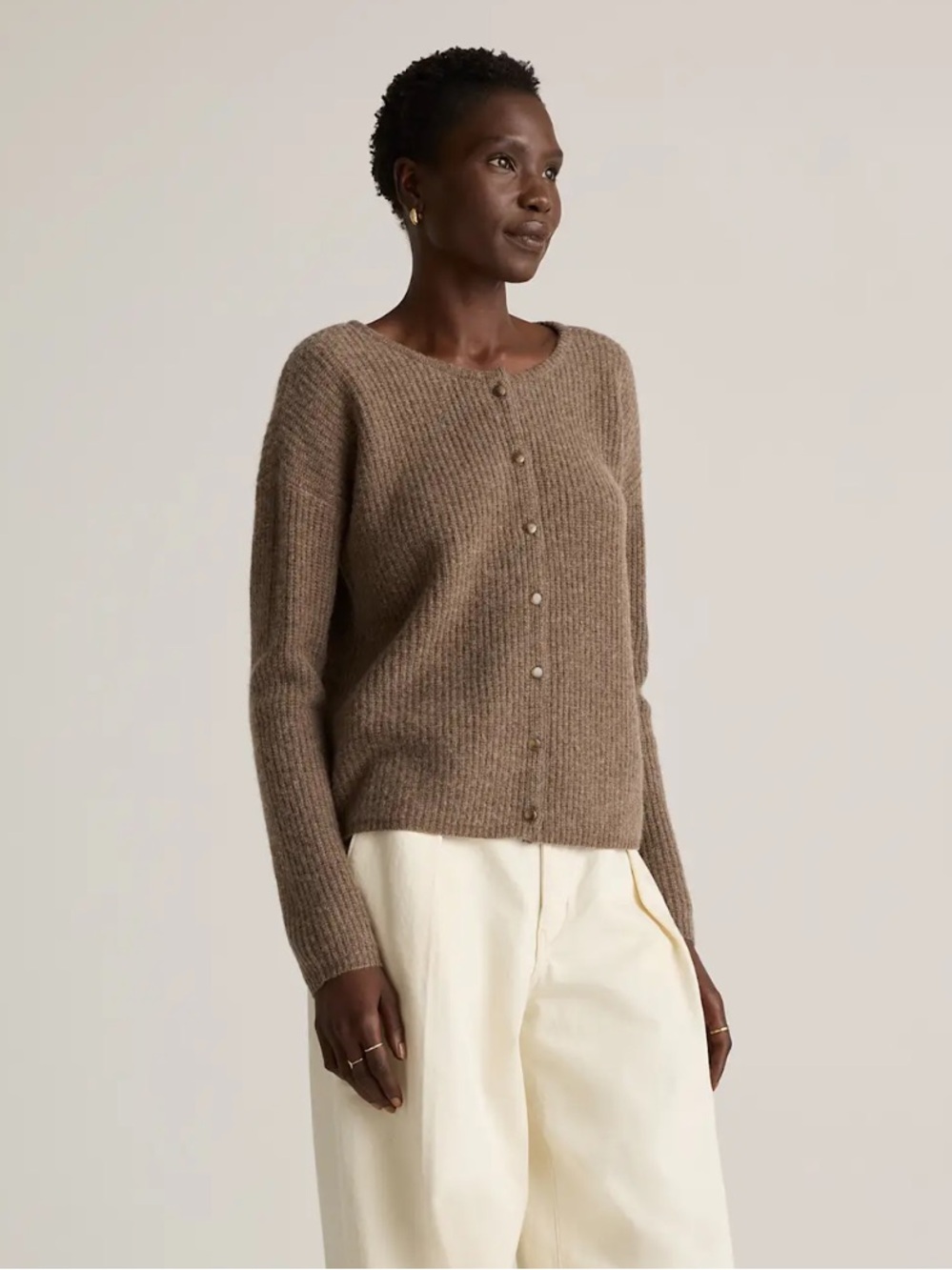 Quince 100% Yak Soft Rib Crew Cardigan In Heather Brown Medium - Picture 6 of 9